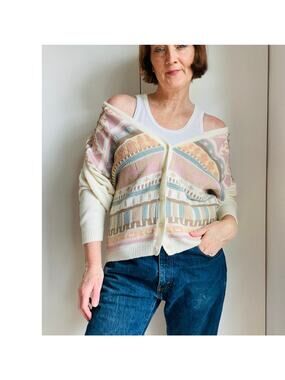 Vintage 90s Cardigan Sweater Pastels Grapic Print Prep Cottagecore Size M